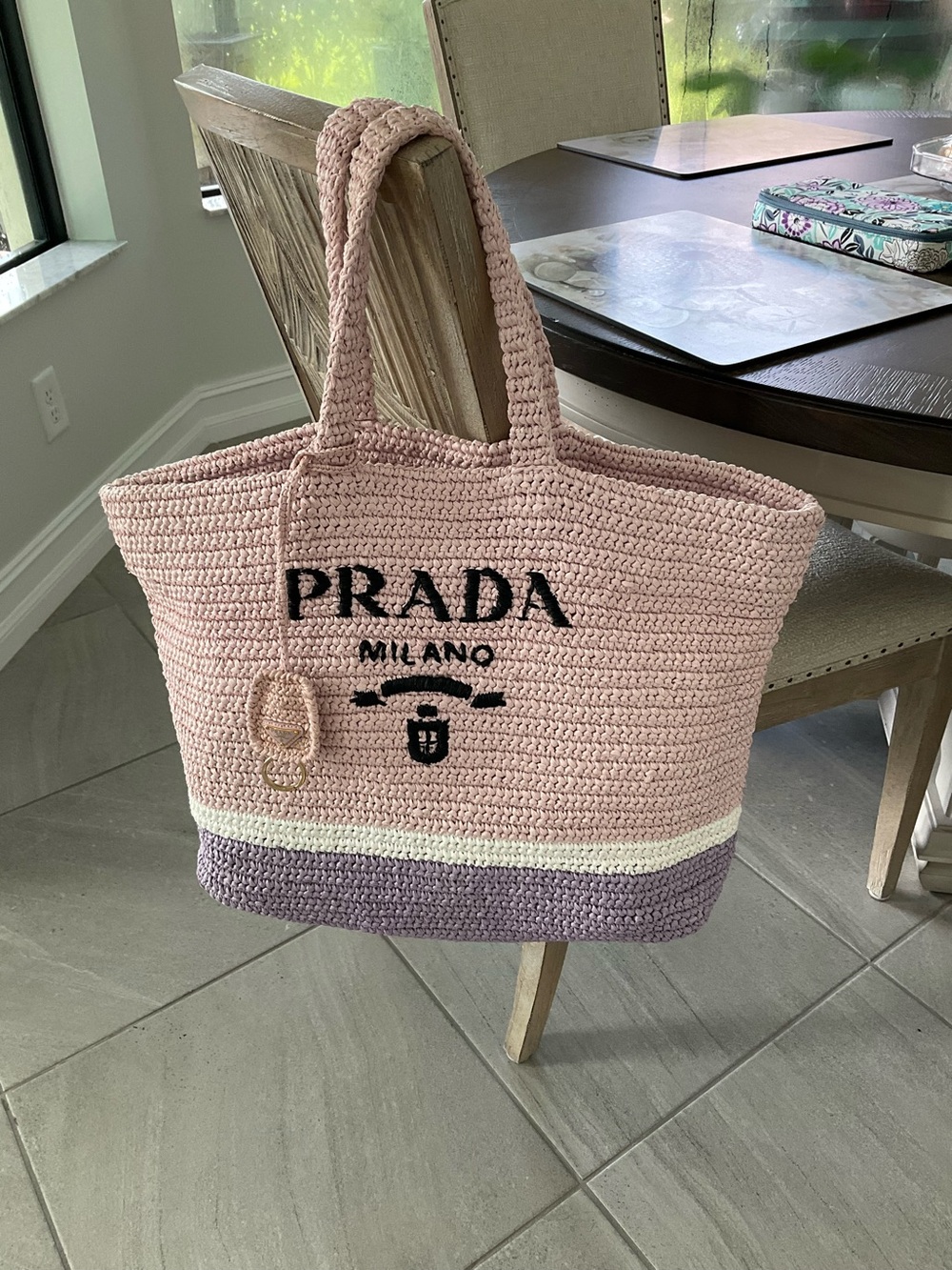 Prada Pink and Lavender Crochet Tote with Cream Stripe 100% Authentic